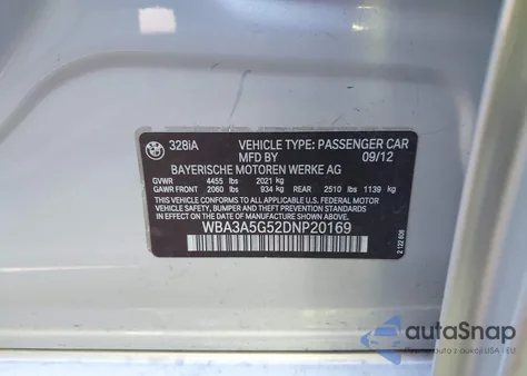 2013 BMW 328I из США, поврежденный, VIN WBA3A5G52DNP20169